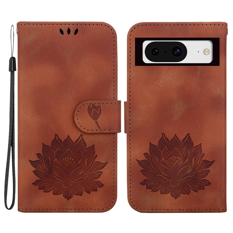 For Google Pixel 8 Stand Wallet Case PU Leather Flip Phone Cover Lotus Imprint - Brown