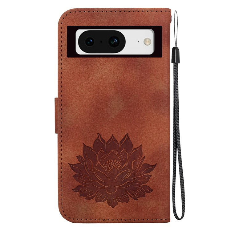 For Google Pixel 8 Stand Wallet Case PU Leather Flip Phone Cover Lotus Imprint - Brown