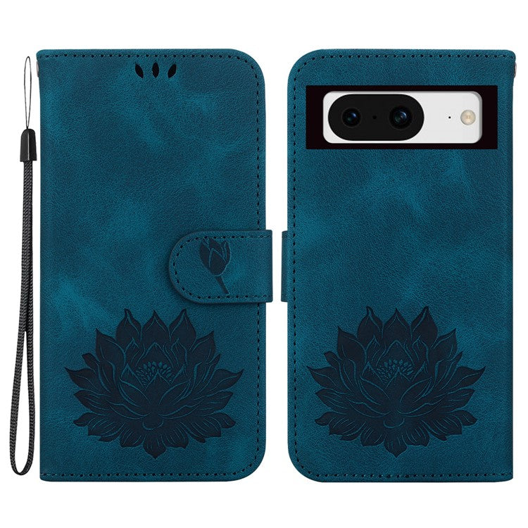 For Google Pixel 8 Stand Wallet Case PU Leather Flip Phone Cover Lotus Imprint - Blue