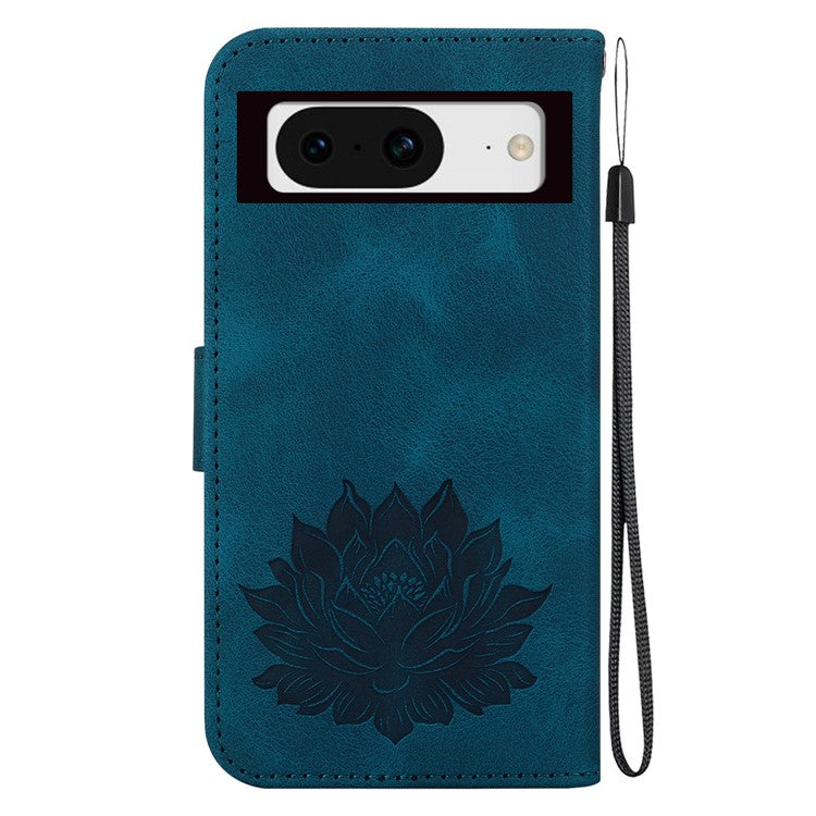 For Google Pixel 8 Stand Wallet Case PU Leather Flip Phone Cover Lotus Imprint - Blue