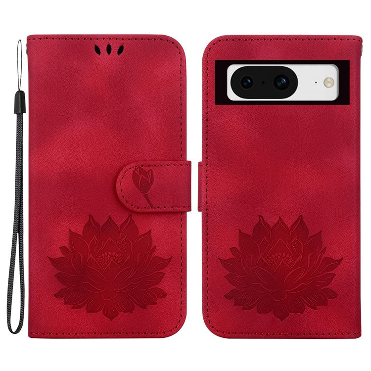 For Google Pixel 8 Stand Wallet Case PU Leather Flip Phone Cover Lotus Imprint - Red