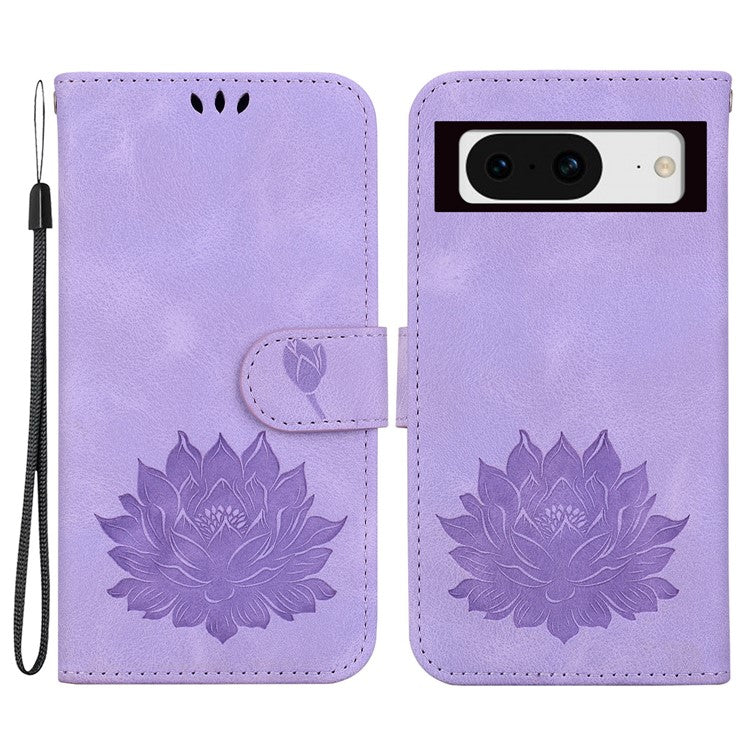 For Google Pixel 8 Stand Wallet Case PU Leather Flip Phone Cover Lotus Imprint - Purple