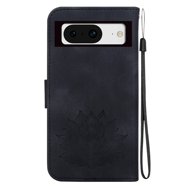 For Google Pixel 8 Stand Wallet Case PU Leather Flip Phone Cover Lotus Imprint - Black