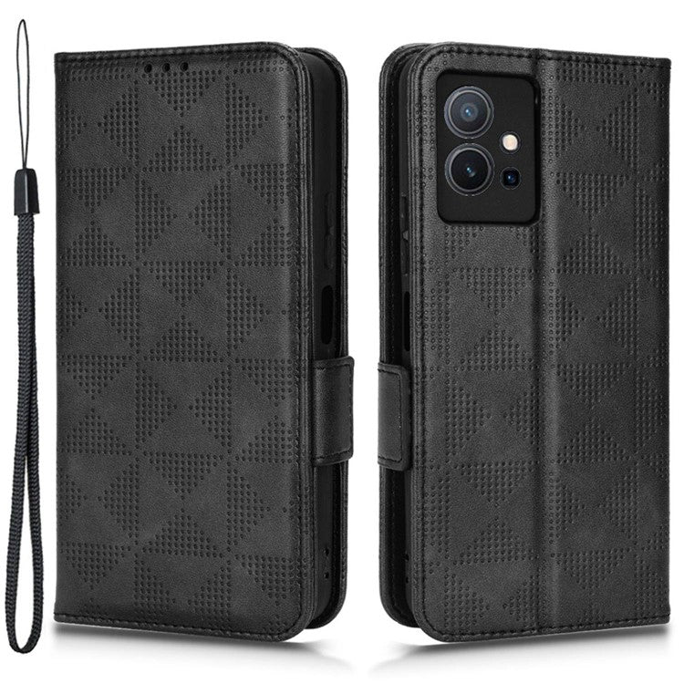 For vivo T1 5G / Y75 5G / Y55 5G Imprinted Triangle Pattern PU Leather Wallet Case Magnetic Clasp Flip Stand Cover with Wrist Strap - Black