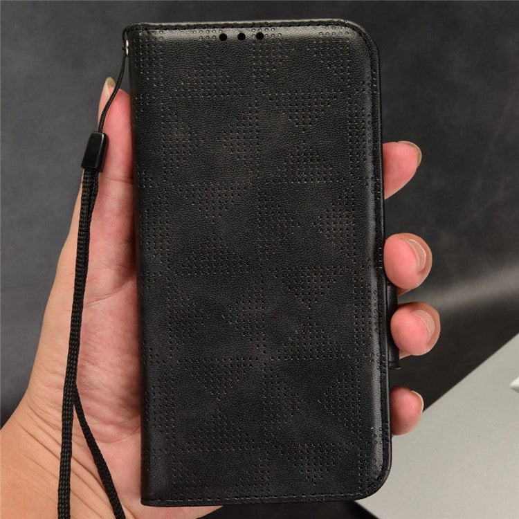 For vivo T1 5G / Y75 5G / Y55 5G Imprinted Triangle Pattern PU Leather Wallet Case Magnetic Clasp Flip Stand Cover with Wrist Strap - Black