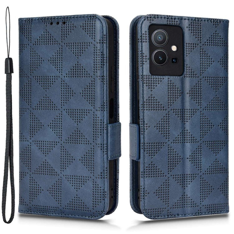 For vivo T1 5G / Y75 5G / Y55 5G Imprinted Triangle Pattern PU Leather Wallet Case Magnetic Clasp Flip Stand Cover with Wrist Strap - Blue