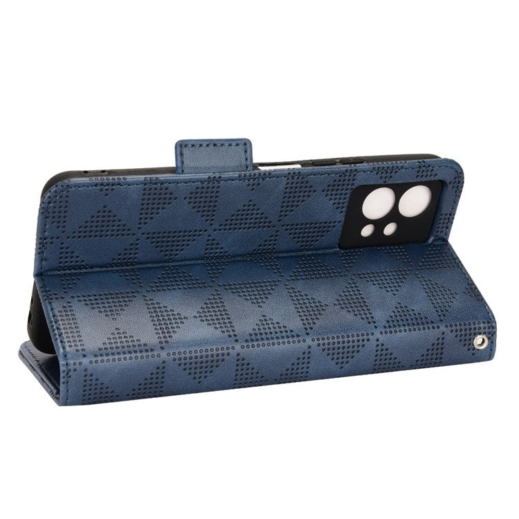 For vivo T1 5G / Y75 5G / Y55 5G Imprinted Triangle Pattern PU Leather Wallet Case Magnetic Clasp Flip Stand Cover with Wrist Strap - Blue