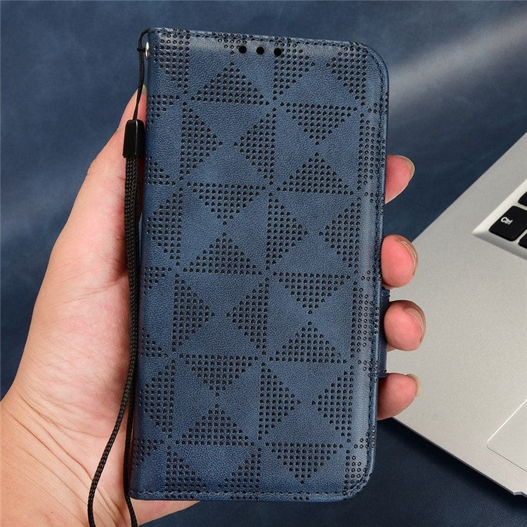 For vivo T1 5G / Y75 5G / Y55 5G Imprinted Triangle Pattern PU Leather Wallet Case Magnetic Clasp Flip Stand Cover with Wrist Strap - Blue