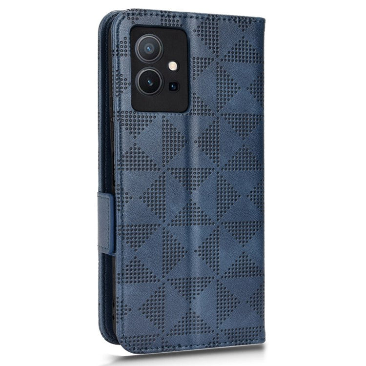 For vivo T1 5G / Y75 5G / Y55 5G Imprinted Triangle Pattern PU Leather Wallet Case Magnetic Clasp Flip Stand Cover with Wrist Strap - Blue