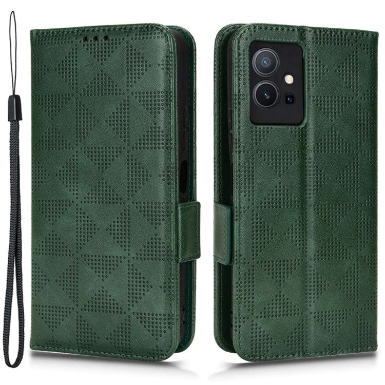 For vivo T1 5G / Y75 5G / Y55 5G Imprinted Triangle Pattern PU Leather Wallet Case Magnetic Clasp Flip Stand Cover with Wrist Strap - Green