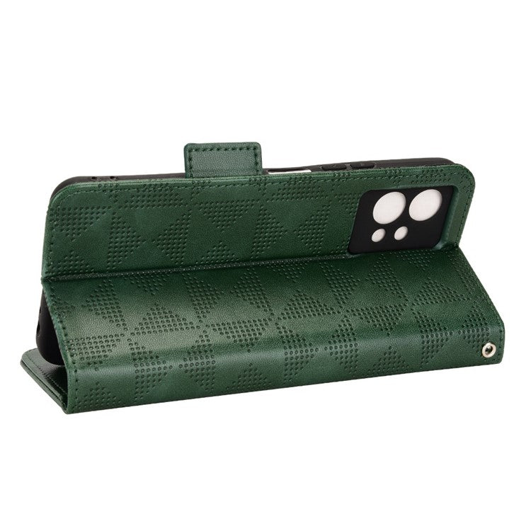 For vivo T1 5G / Y75 5G / Y55 5G Imprinted Triangle Pattern PU Leather Wallet Case Magnetic Clasp Flip Stand Cover with Wrist Strap - Green