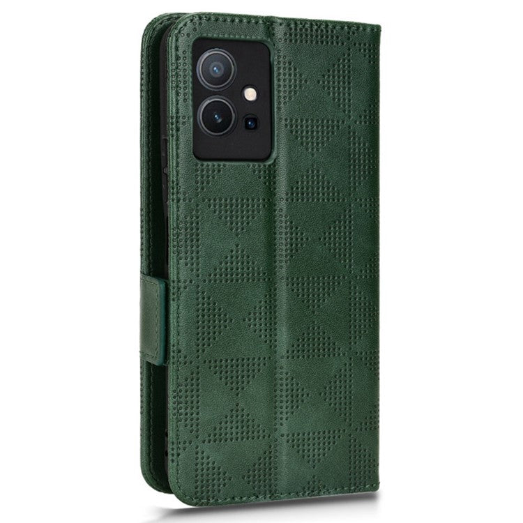 For vivo T1 5G / Y75 5G / Y55 5G Imprinted Triangle Pattern PU Leather Wallet Case Magnetic Clasp Flip Stand Cover with Wrist Strap - Green