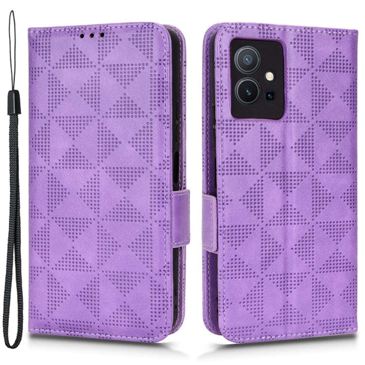 For vivo T1 5G / Y75 5G / Y55 5G Imprinted Triangle Pattern PU Leather Wallet Case Magnetic Clasp Flip Stand Cover with Wrist Strap - Purple