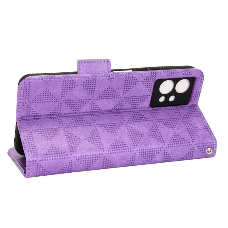 For vivo T1 5G / Y75 5G / Y55 5G Imprinted Triangle Pattern PU Leather Wallet Case Magnetic Clasp Flip Stand Cover with Wrist Strap - Purple