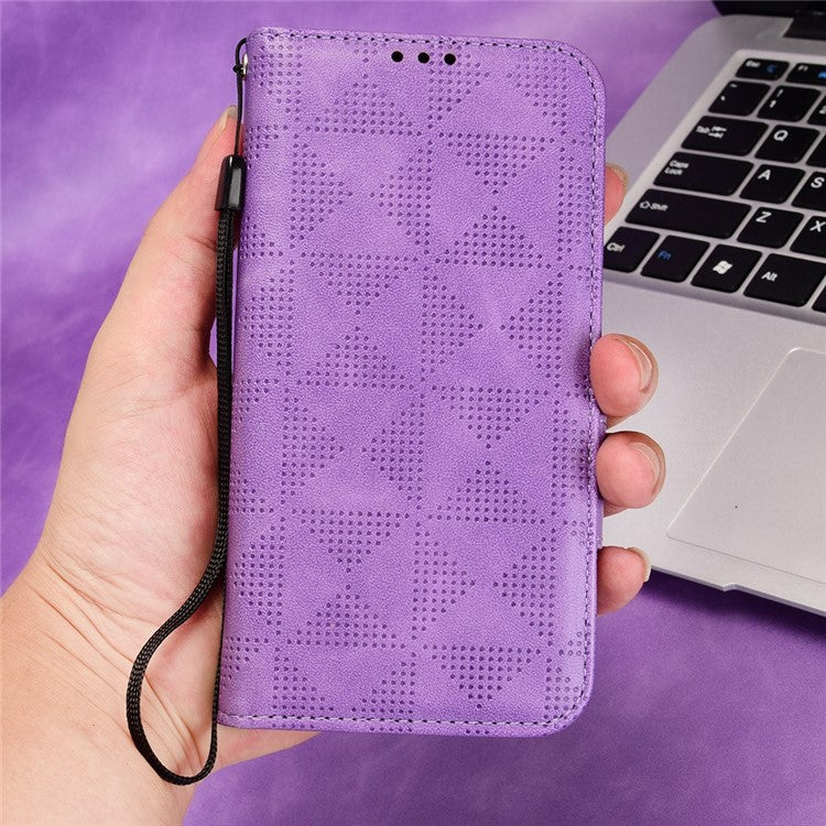 For vivo T1 5G / Y75 5G / Y55 5G Imprinted Triangle Pattern PU Leather Wallet Case Magnetic Clasp Flip Stand Cover with Wrist Strap - Purple