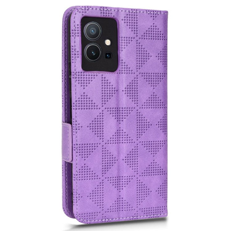 For vivo T1 5G / Y75 5G / Y55 5G Imprinted Triangle Pattern PU Leather Wallet Case Magnetic Clasp Flip Stand Cover with Wrist Strap - Purple