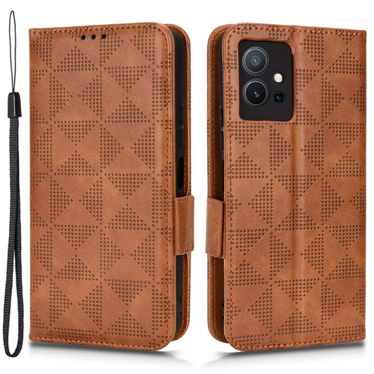 For vivo T1 5G / Y75 5G / Y55 5G Imprinted Triangle Pattern PU Leather Wallet Case Magnetic Clasp Flip Stand Cover with Wrist Strap - Brown