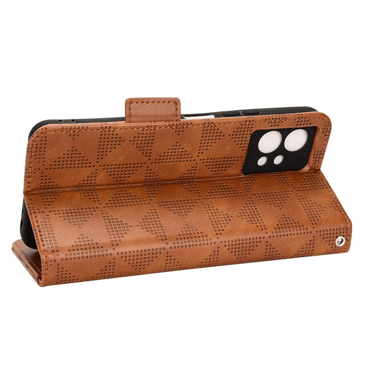 For vivo T1 5G / Y75 5G / Y55 5G Imprinted Triangle Pattern PU Leather Wallet Case Magnetic Clasp Flip Stand Cover with Wrist Strap - Brown