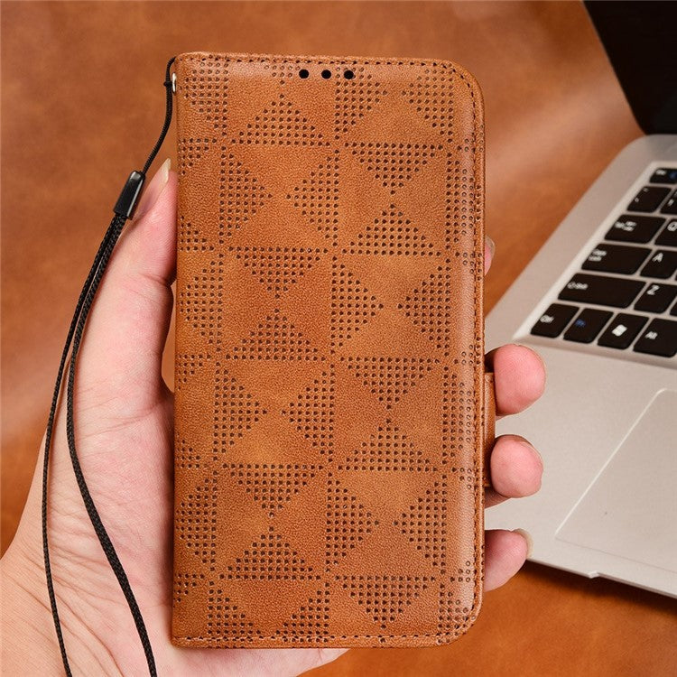 For vivo T1 5G / Y75 5G / Y55 5G Imprinted Triangle Pattern PU Leather Wallet Case Magnetic Clasp Flip Stand Cover with Wrist Strap - Brown