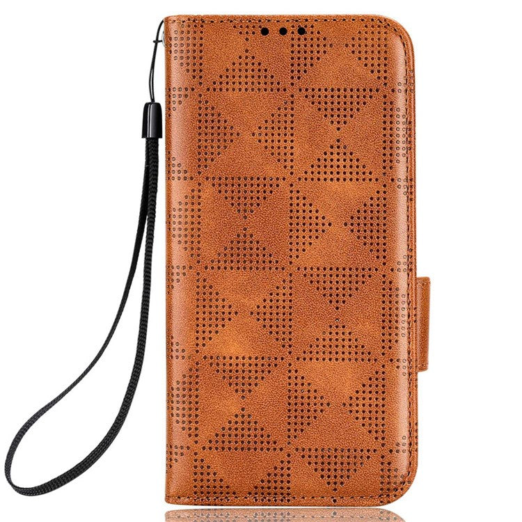 For vivo T1 5G / Y75 5G / Y55 5G Imprinted Triangle Pattern PU Leather Wallet Case Magnetic Clasp Flip Stand Cover with Wrist Strap - Brown