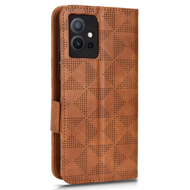 For vivo T1 5G / Y75 5G / Y55 5G Imprinted Triangle Pattern PU Leather Wallet Case Magnetic Clasp Flip Stand Cover with Wrist Strap - Brown