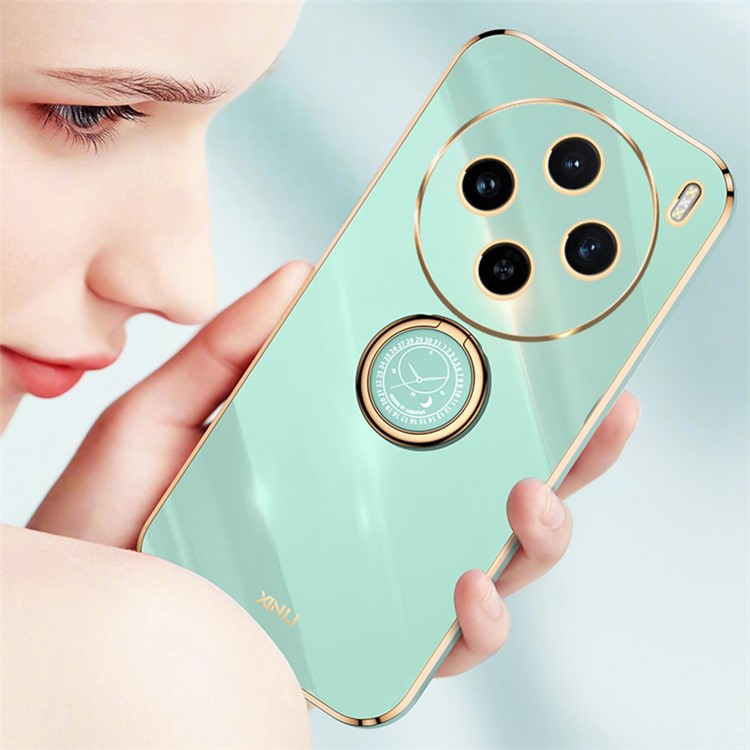 XINLI For vivo X100s 5G Case Electroplating Gold Edge TPU Phone Cover with Kickstand - Cyan