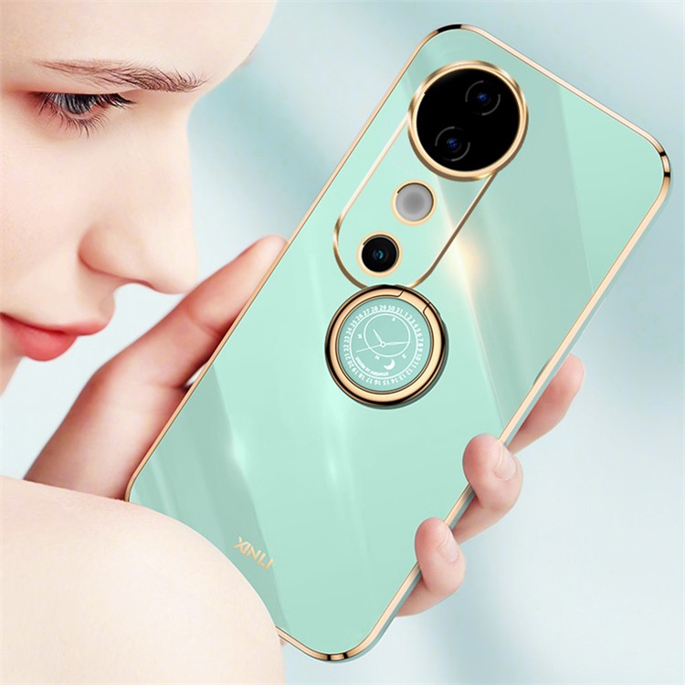 XINLI For vivo S19 5G Case Kickstand TPU Phone Cover Electroplating Frame Edge - Cyan