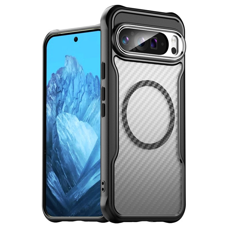 For Google Pixel 9 Pro XL Magnetic Case Carbon Fiber Texture Translucent TPU+PC Phone Cover - Black