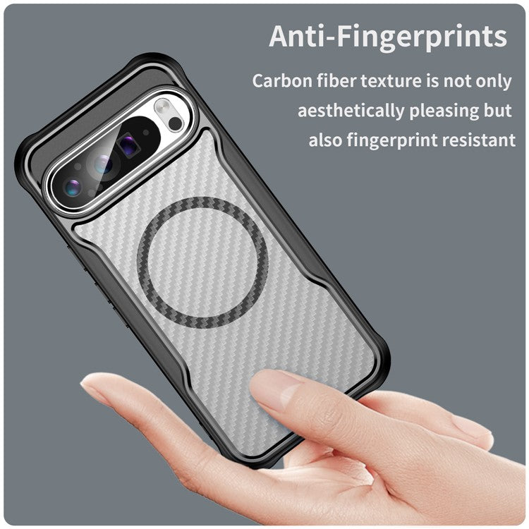 For Google Pixel 9 Pro XL Magnetic Case Carbon Fiber Texture Translucent TPU+PC Phone Cover - Black