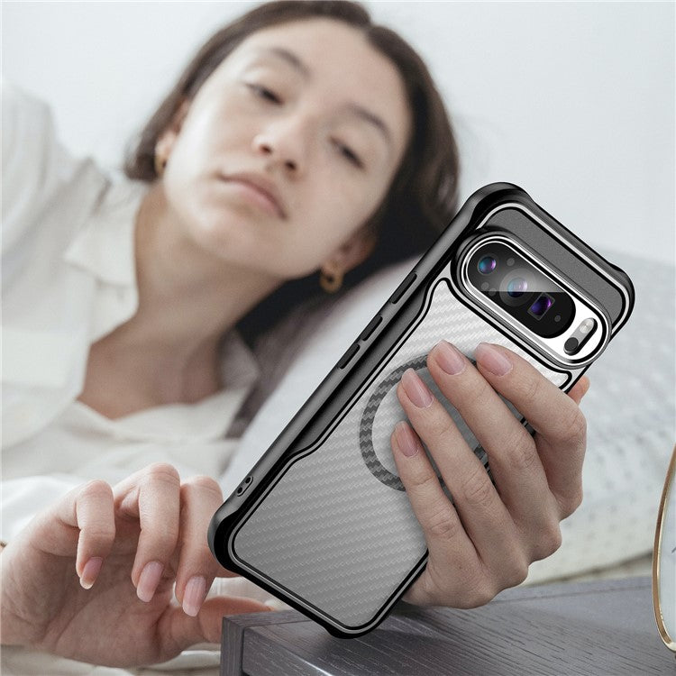 For Google Pixel 9 Pro XL Magnetic Case Carbon Fiber Texture Translucent TPU+PC Phone Cover - Black