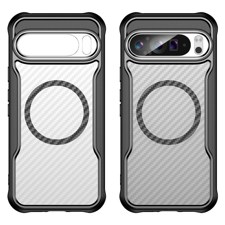 For Google Pixel 9 Pro XL Magnetic Case Carbon Fiber Texture Translucent TPU+PC Phone Cover - Black