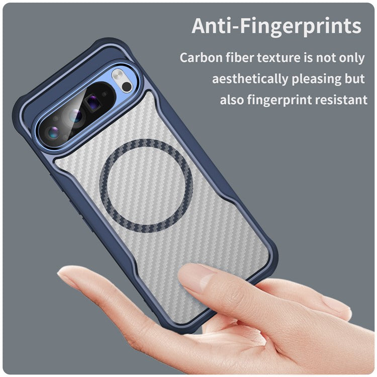 For Google Pixel 9 Pro XL Magnetic Case Carbon Fiber Texture Translucent TPU+PC Phone Cover - Blue