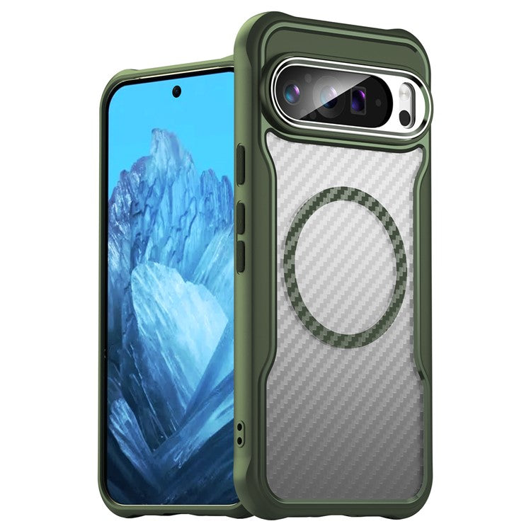 For Google Pixel 9 Pro XL Magnetic Case Carbon Fiber Texture Translucent TPU+PC Phone Cover - Green