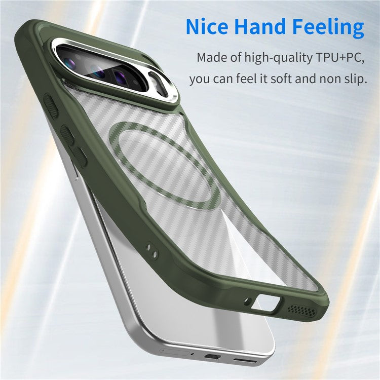 For Google Pixel 9 Pro XL Magnetic Case Carbon Fiber Texture Translucent TPU+PC Phone Cover - Green