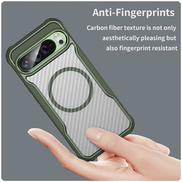 For Google Pixel 9 Pro XL Magnetic Case Carbon Fiber Texture Translucent TPU+PC Phone Cover - Green