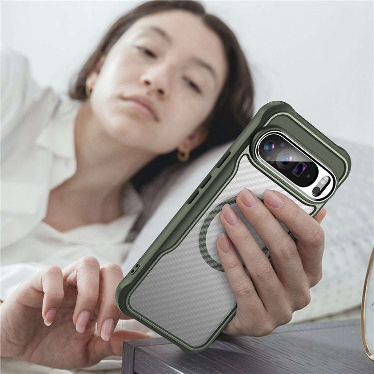 For Google Pixel 9 Pro XL Magnetic Case Carbon Fiber Texture Translucent TPU+PC Phone Cover - Green