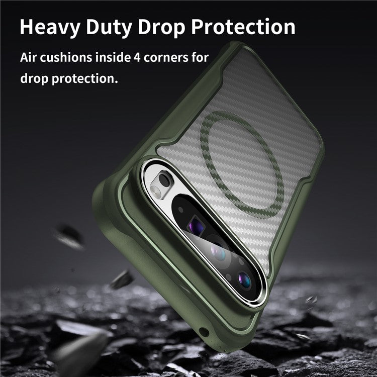 For Google Pixel 9 Pro XL Magnetic Case Carbon Fiber Texture Translucent TPU+PC Phone Cover - Green