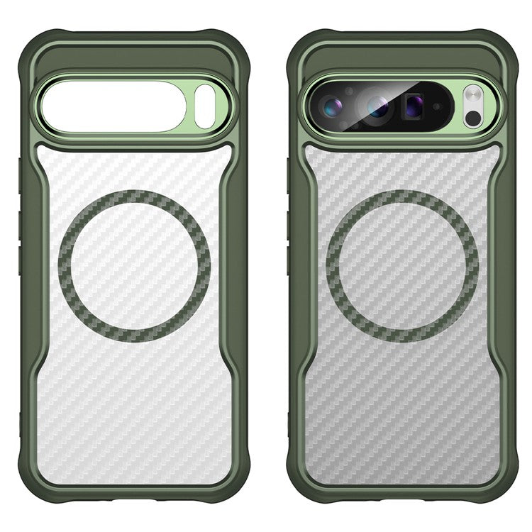 For Google Pixel 9 Pro XL Magnetic Case Carbon Fiber Texture Translucent TPU+PC Phone Cover - Green