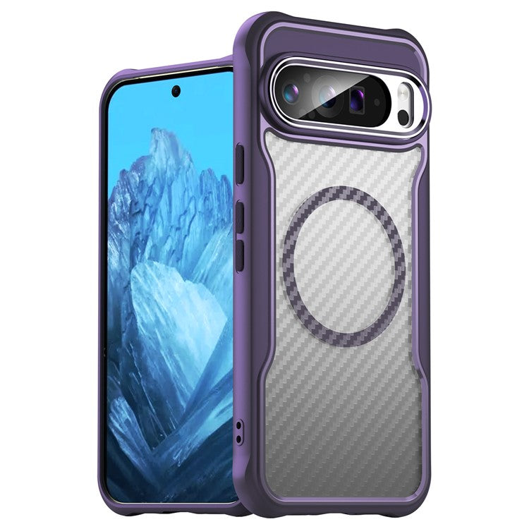 For Google Pixel 9 Pro XL Magnetic Case Carbon Fiber Texture Translucent TPU+PC Phone Cover - Purple