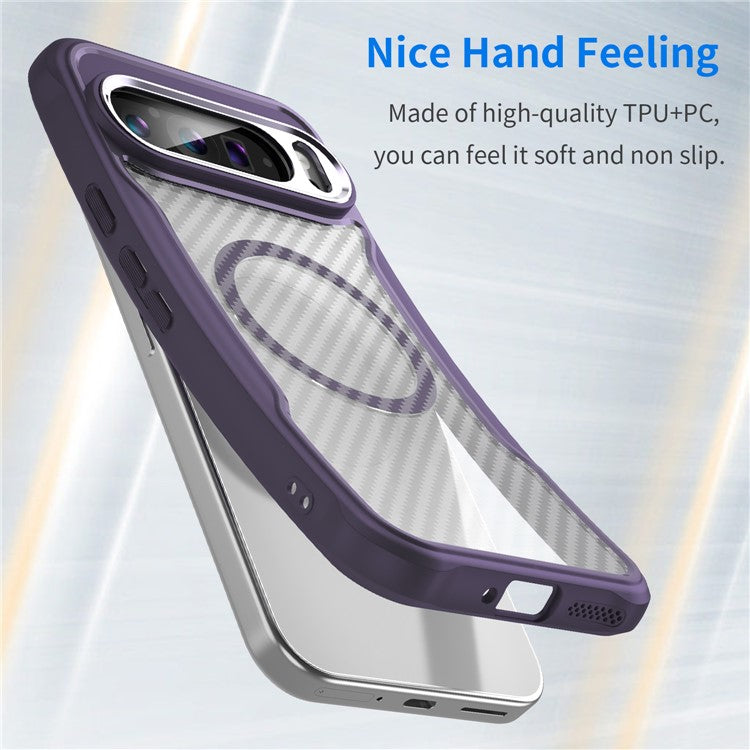 For Google Pixel 9 Pro XL Magnetic Case Carbon Fiber Texture Translucent TPU+PC Phone Cover - Purple