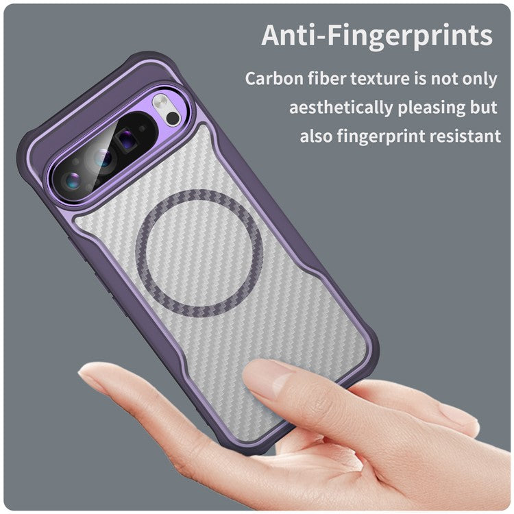 For Google Pixel 9 Pro XL Magnetic Case Carbon Fiber Texture Translucent TPU+PC Phone Cover - Purple