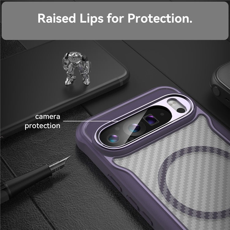 For Google Pixel 9 Pro XL Magnetic Case Carbon Fiber Texture Translucent TPU+PC Phone Cover - Purple