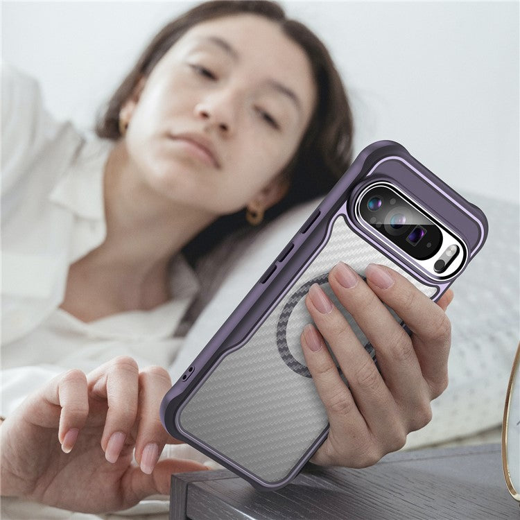 For Google Pixel 9 Pro XL Magnetic Case Carbon Fiber Texture Translucent TPU+PC Phone Cover - Purple