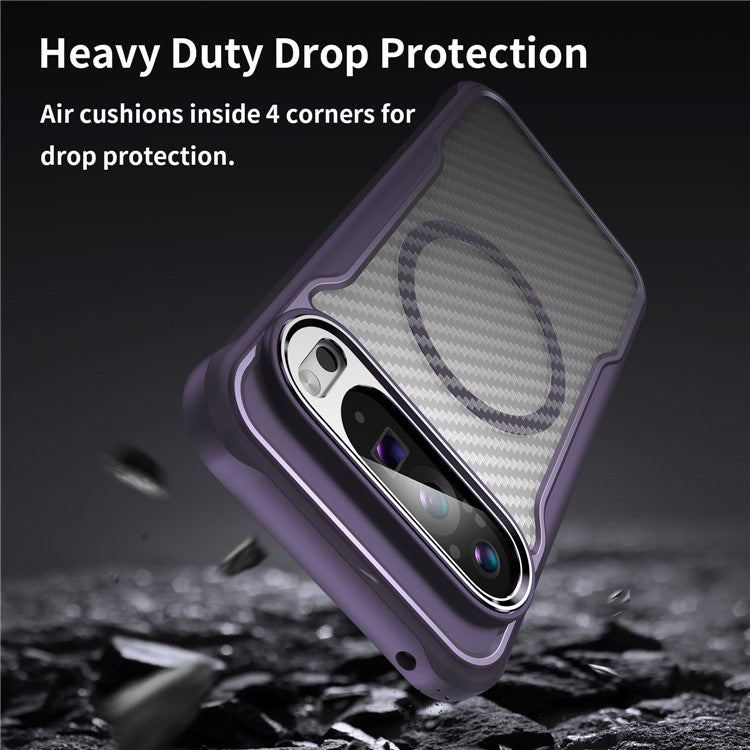 For Google Pixel 9 Pro XL Magnetic Case Carbon Fiber Texture Translucent TPU+PC Phone Cover - Purple