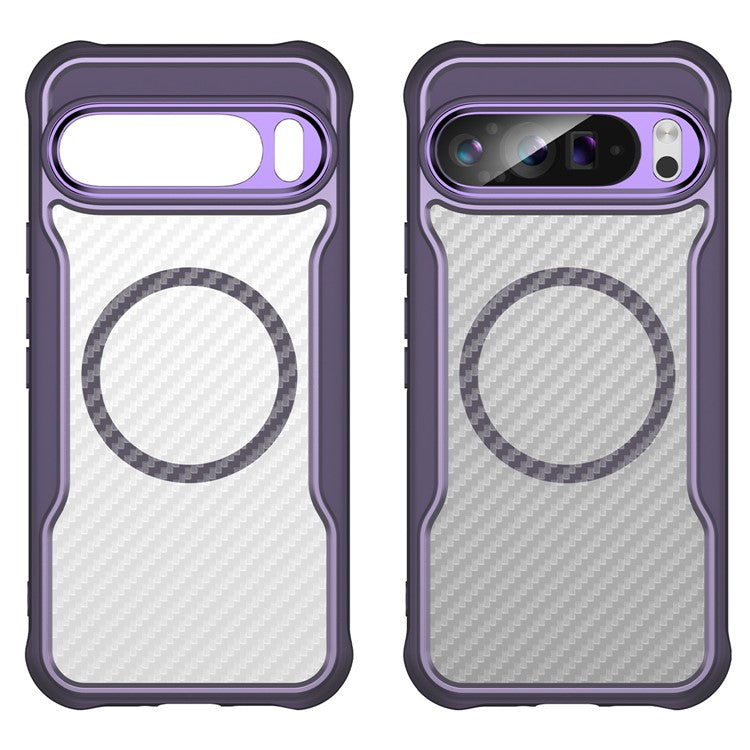 For Google Pixel 9 Pro XL Magnetic Case Carbon Fiber Texture Translucent TPU+PC Phone Cover - Purple