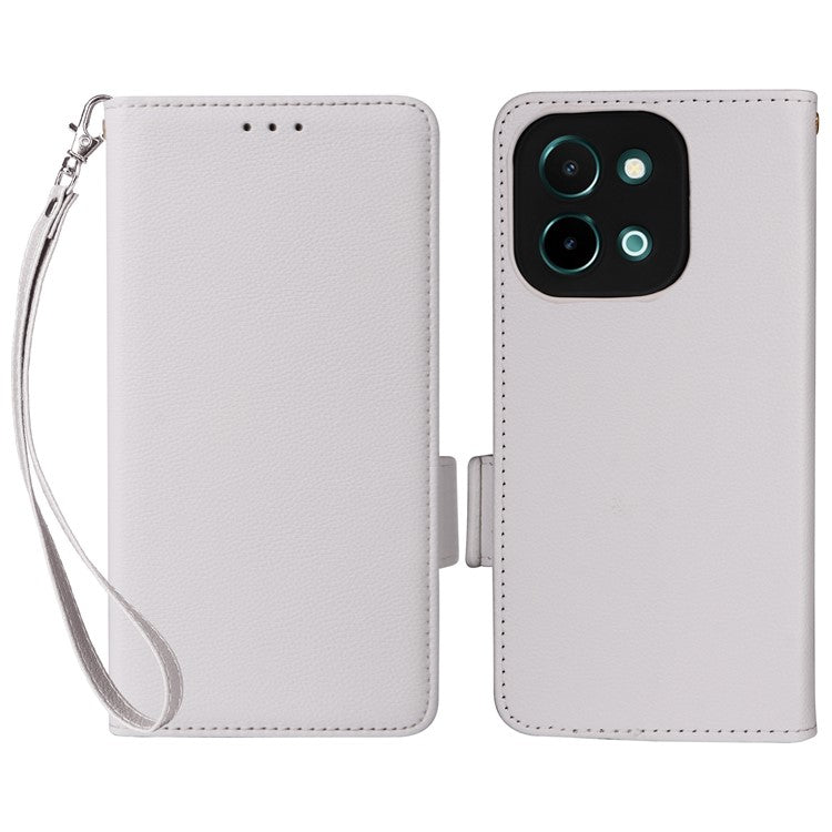 For vivo Y28 4G Shockproof Case Litchi Texture Leather Phone Cover with Strap - White