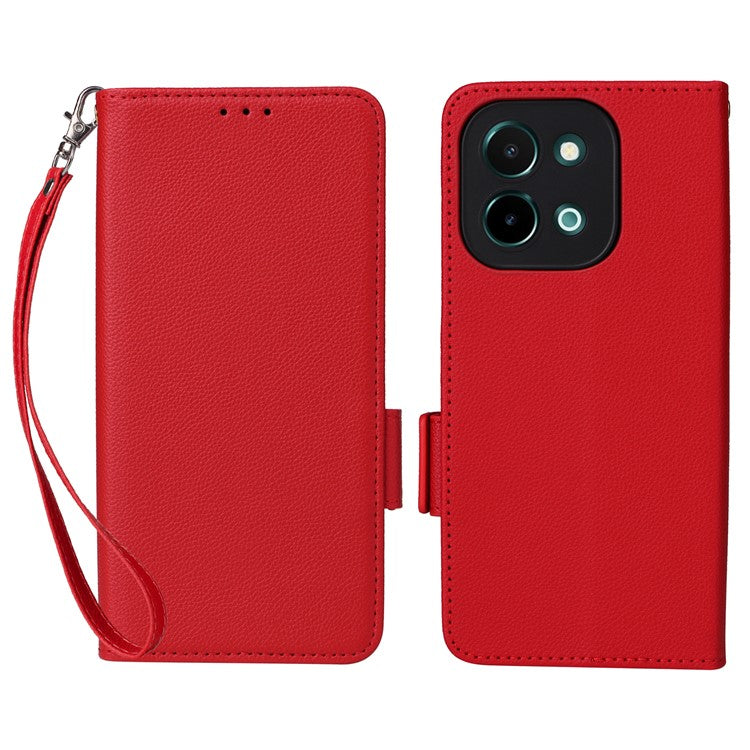 For vivo Y28 4G Shockproof Case Litchi Texture Leather Phone Cover with Strap - Red