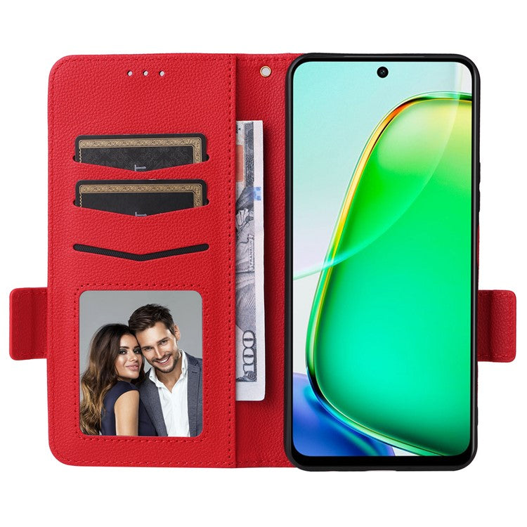 For vivo Y28 4G Shockproof Case Litchi Texture Leather Phone Cover with Strap - Red