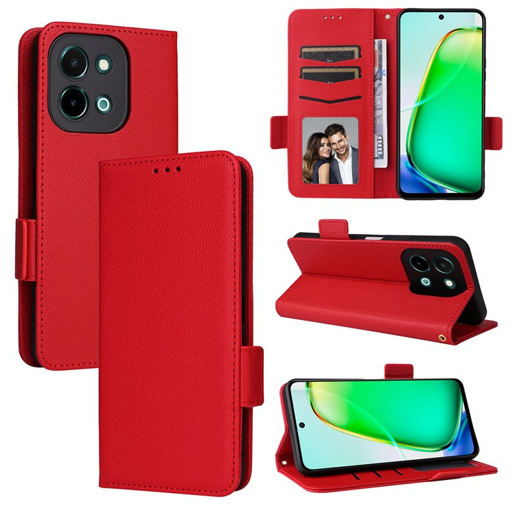 For vivo Y28 4G Shockproof Case Litchi Texture Leather Phone Cover with Strap - Red