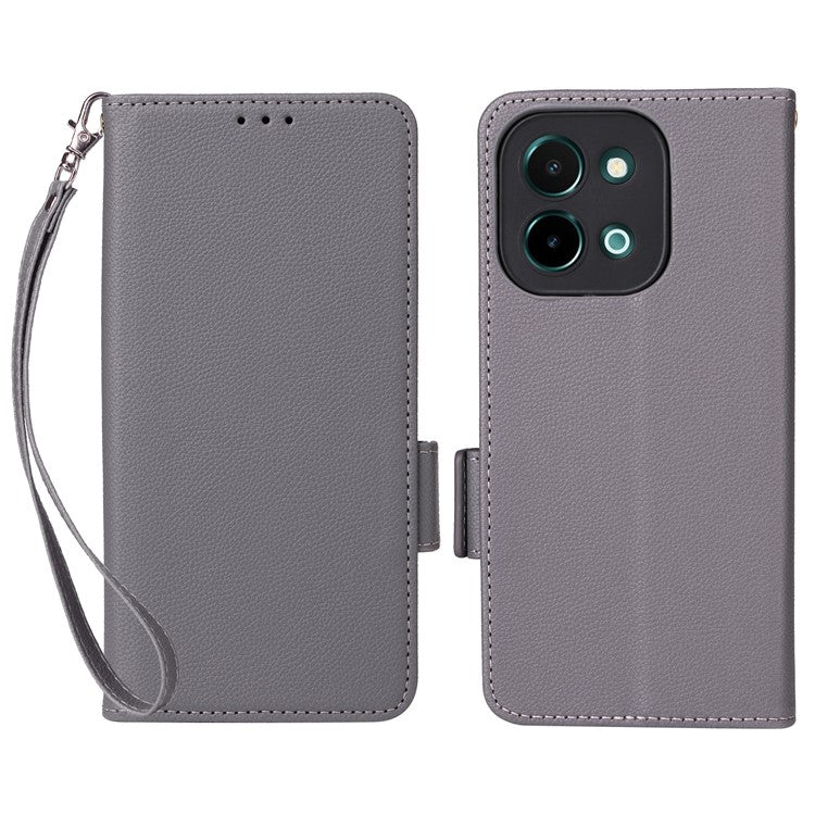 For vivo Y28 4G Shockproof Case Litchi Texture Leather Phone Cover with Strap - Grey